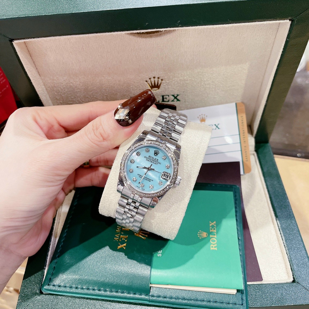 Đồng hồ đeo tay nữ, đồng hồ nữ Rolex full box cao cấp, mặt xanh ngọc bích siêu sang, viền kim cương nhân tạo, máy Nhật