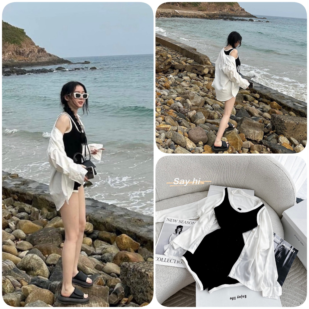 SET JUMP ĐEN VIỀN TRẮNG 2 DÂY KÈM SƠ MI TRẮNG ĐI BIỂN