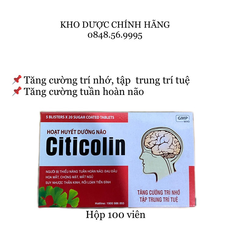 HOẠT HUYẾT DƯỠNG NÃO Citicolin hộp 100 viên - Tăng cường tuần hoàn máu não, hỗ trợ giảm nguy cơ di chứng sau tai biến