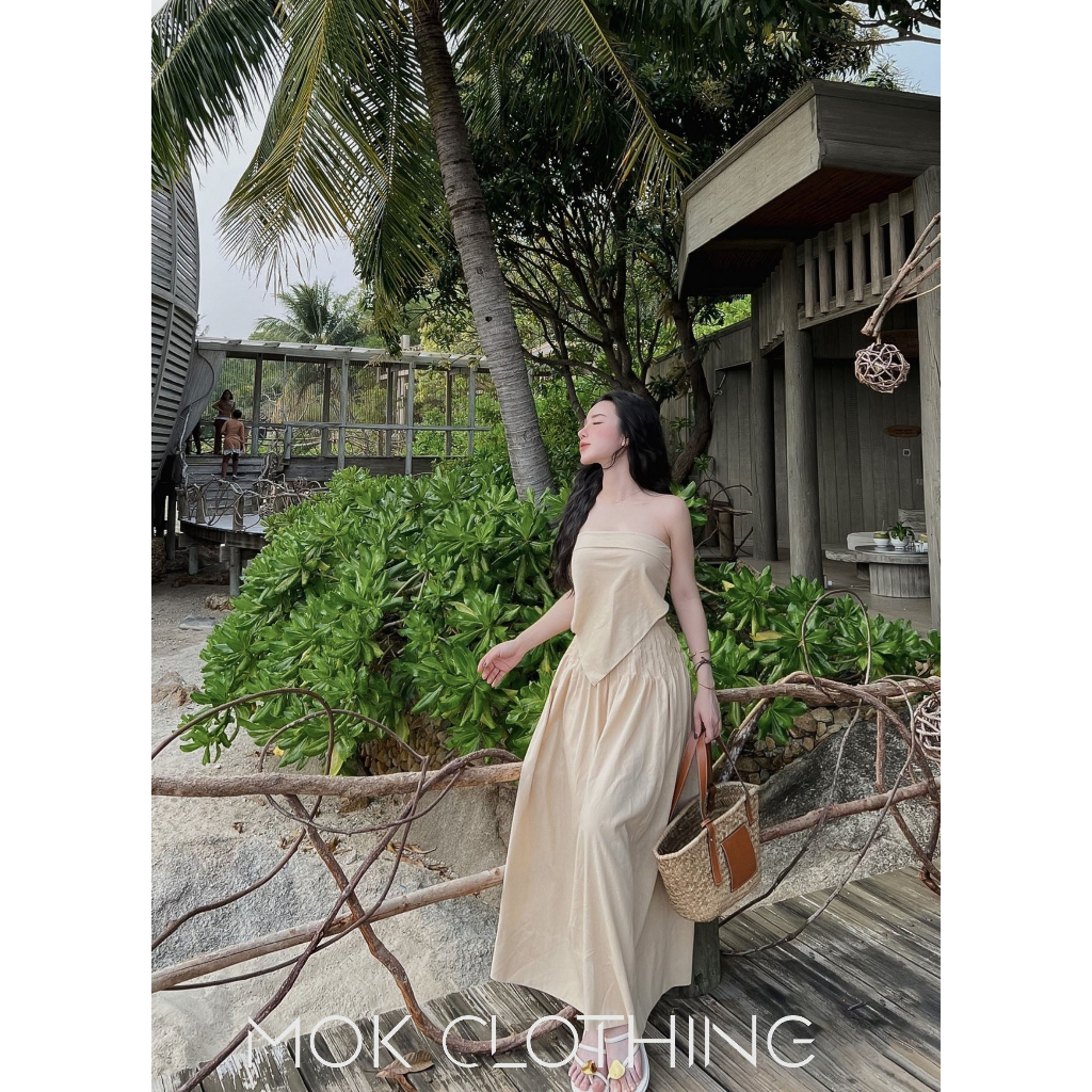 Set váy nữ áo kiểu yếm cúp ngực cột nơ sau phối chân váy dài xòe xếp li cap lưng thun vải thô mềm siêu xinh đi biển chơi