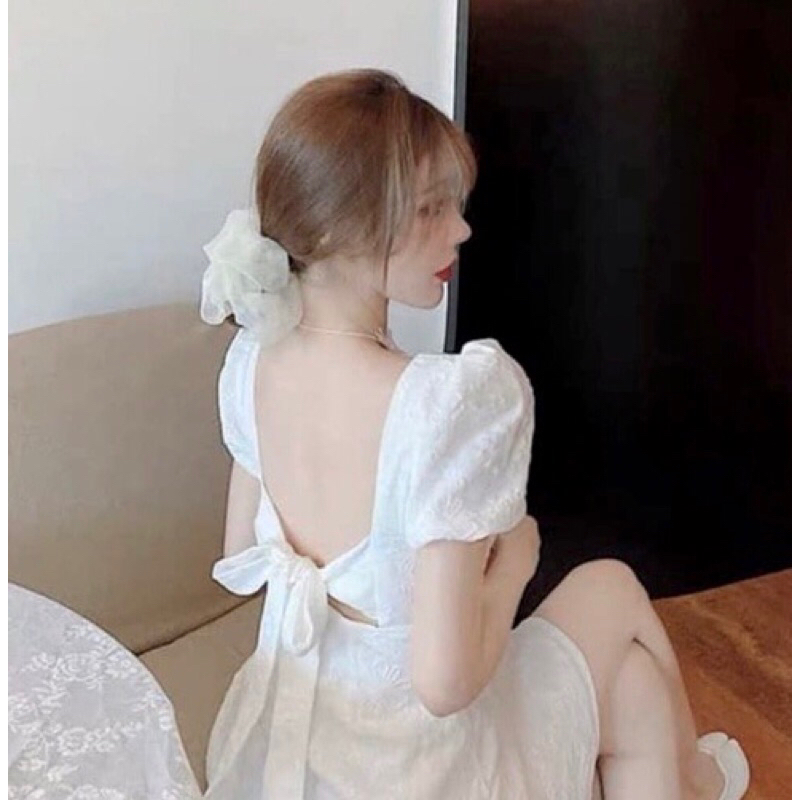 PASS Đầm hoa nổi tay phồng nơ lưng