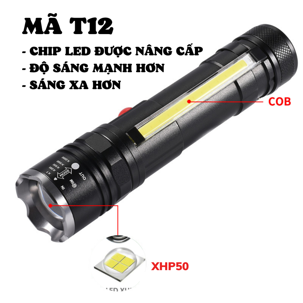 ĐÈN PIN CẦM TAY XML - T12 CHIẾU SÁNG TỐT, THIẾT KẾ NHỎ GỌN, ĐÈN PIN SIÊU SÁNG T12 SẠC USB CÓ LED COB & NAM CHÂM HÍT