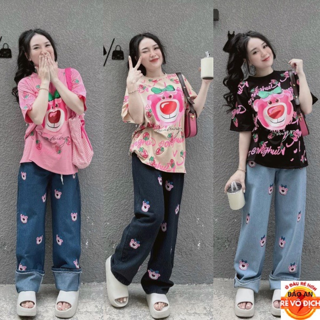 Sét bộ nữ 2 món áo thun form rộng kèm quần jeans dài lưng thun phối gấu FreeSize feedback Bảo An Shop hot top