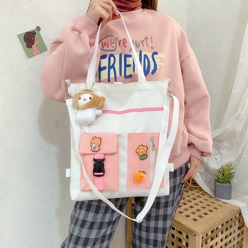 Túi tote đeo vai vải bố học sinh đi chơi phong cách ulzzang phối túi hộp