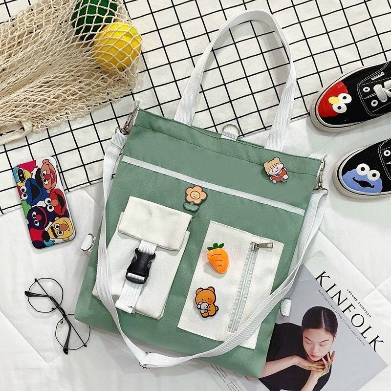 Túi tote đeo vai vải bố học sinh đi chơi phong cách ulzzang phối túi hộp