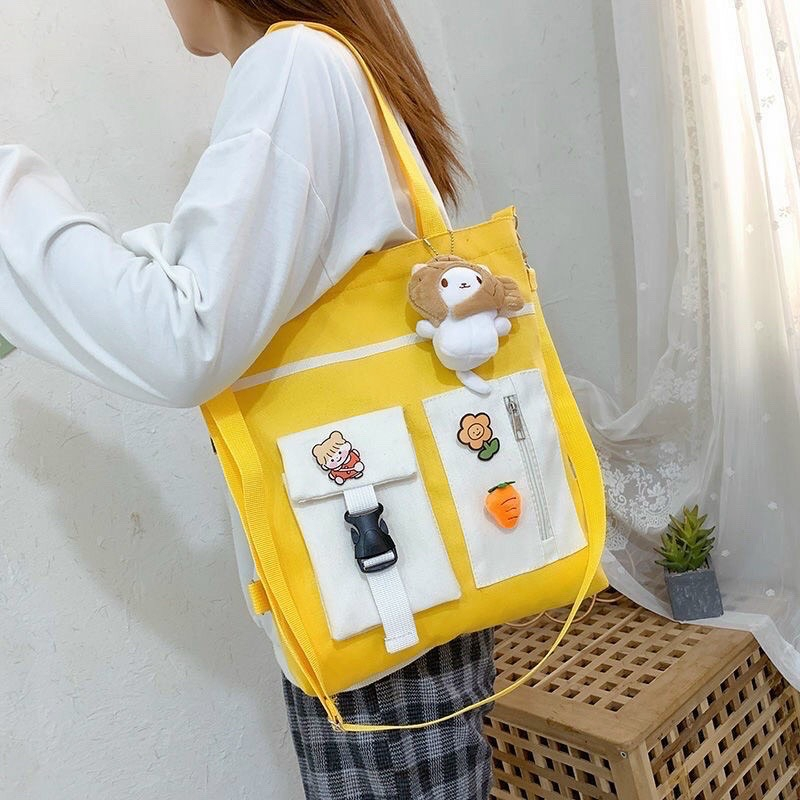 Túi tote đeo vai vải bố học sinh đi chơi phong cách ulzzang phối túi hộp