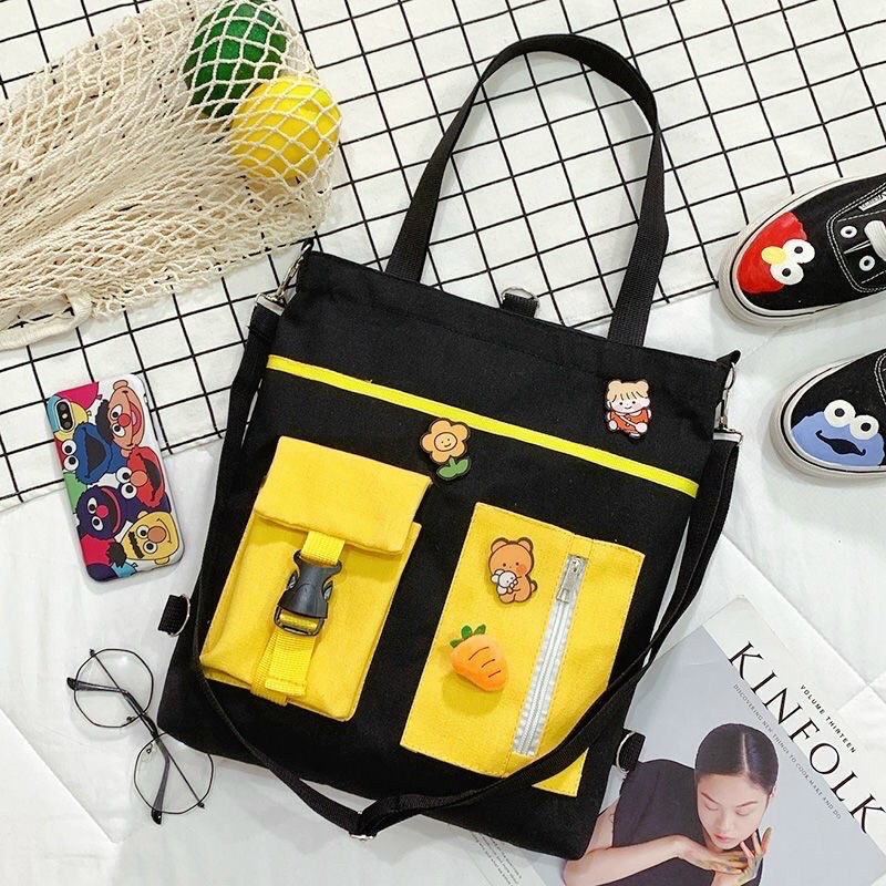Túi tote đeo vai vải bố học sinh đi chơi phong cách ulzzang phối túi hộp