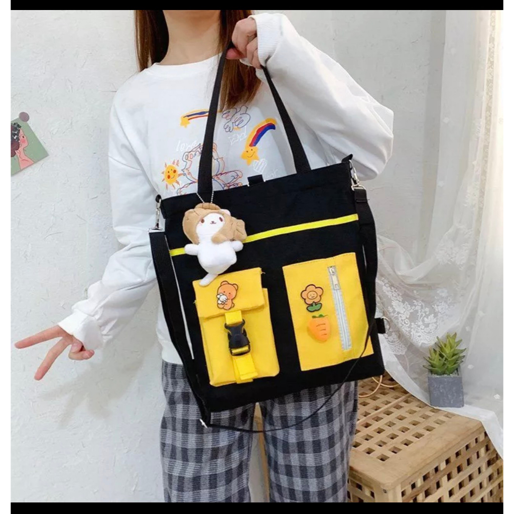 Túi tote đeo vai vải bố học sinh đi chơi phong cách ulzzang phối túi hộp