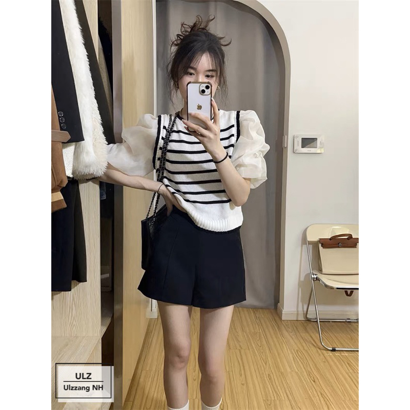 Áo len nữ cổ tròn kẻ phối tay bồng nhún siêu xinh, hàng hot kèm ảnh thật hàng - hàng có sẵn