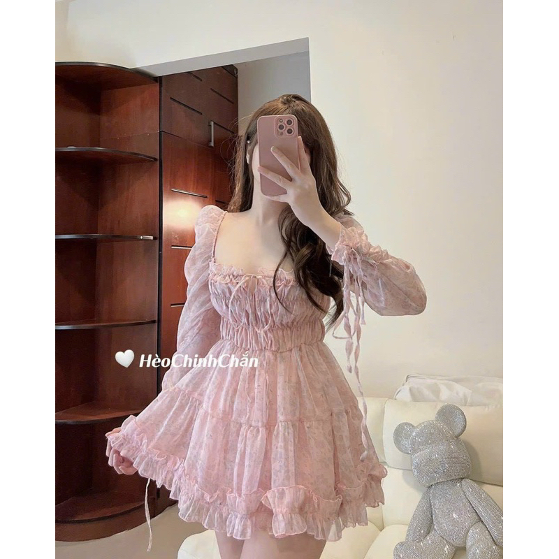 Đầm voan hoa hồng nhún ngực bo chun cổ vuông tay phồng dài