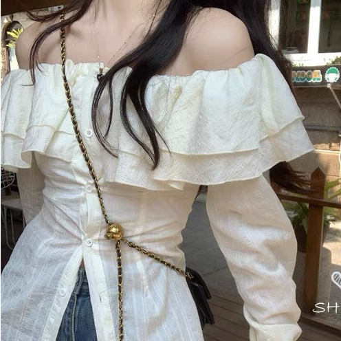 Áo sơ mi trễ vai nữ L66 studio dài tay phối bèo tiểu thư đi chơi sang chảnh mùa hè đi biển A084 Semclothes hàng loại 1 | BigBuy360 - bigbuy360.vn