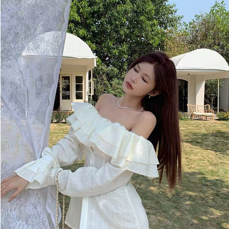 Áo sơ mi trễ vai nữ L66 studio dài tay phối bèo tiểu thư hàng loại 1 2 lớp có dây A084