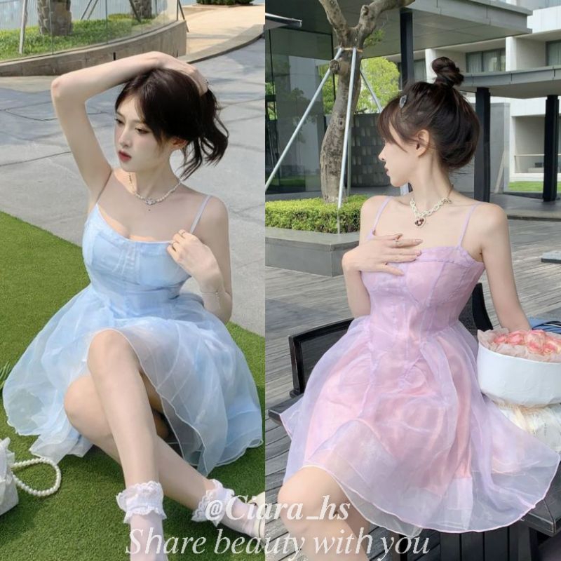 (T2) Váy đầm Công Chúa hai dây cúp ngực dáng xòe voan nhũ màu tím - xanh loại đẹp