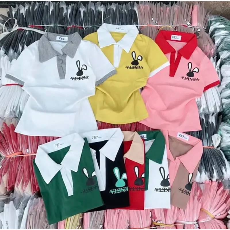 Áo thun tay ngắn cổ trụ phối viền dáng dài