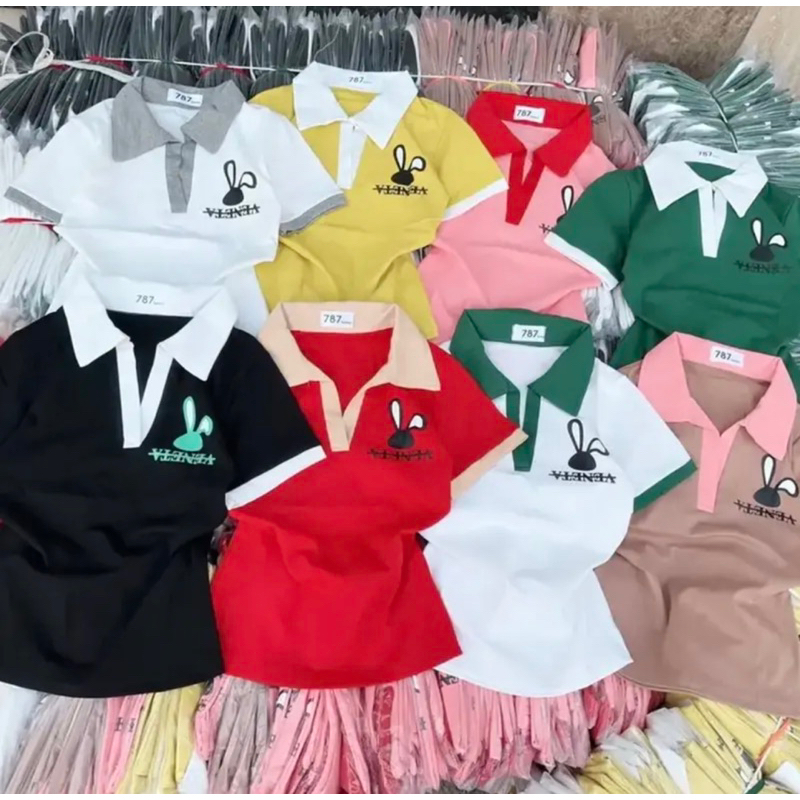 Áo thun tay ngắn cổ trụ phối viền dáng dài