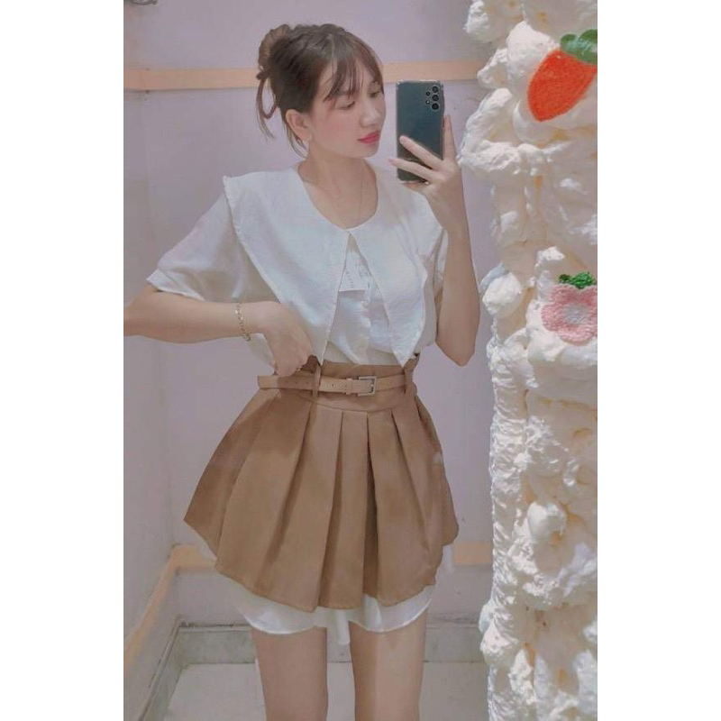 Set đồ nữ - Set áo sơ mi cổ sen , mix chân váy xếp ly 2 tầng kèm dây lưng nâu xinh đẹp