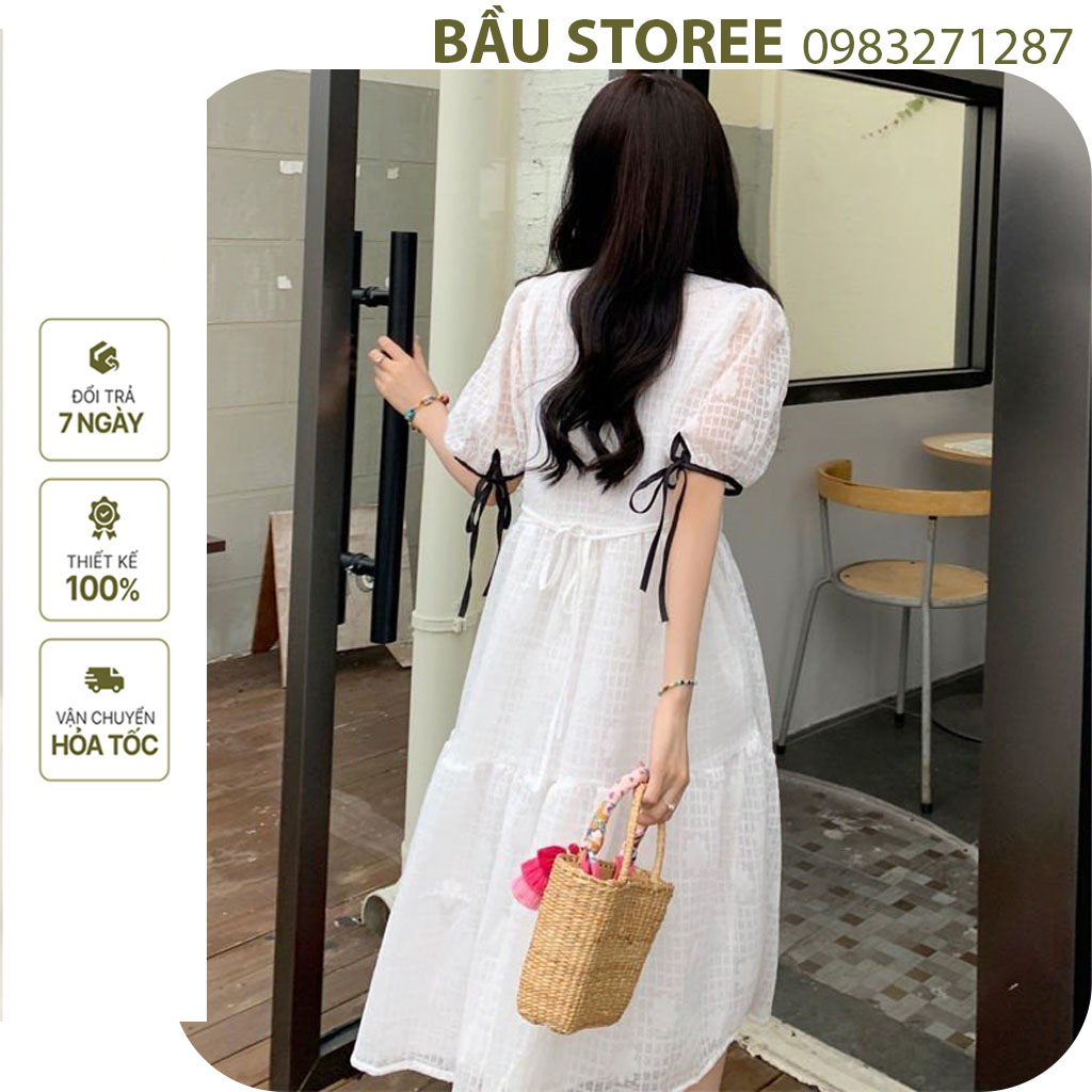 VÁY BẦU BABYDOLL TẦNG CARO HOA NỔI-ĐẦM BẦU XINH THIẾT KẾ VIỀN CỔ ĐEN TAY BUỘC