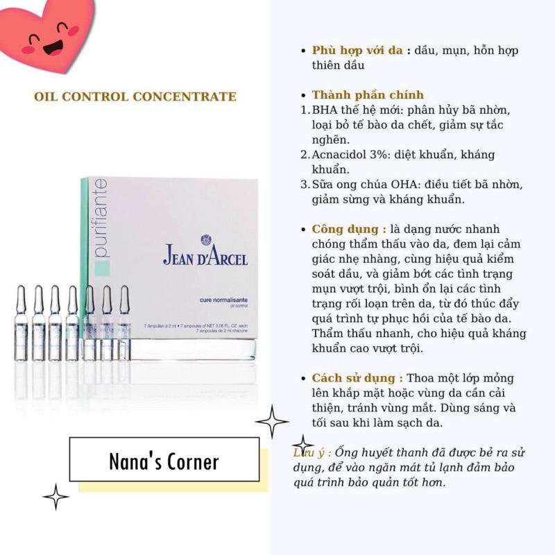 Huyết Thanh Cho Da Mụn Jean D'arcel Cure Normalisante/ oil Control J42C