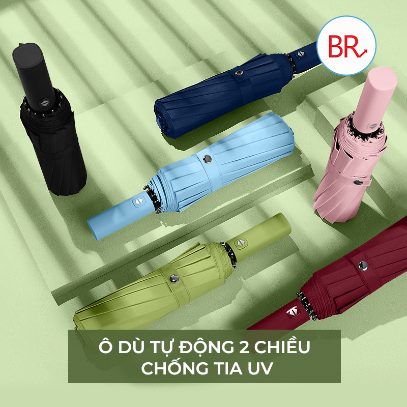 Ô dù tự động gấp gọn 2 chiều chống tia UV 10 nan che nắng đi mưa - Ô tự động đóng mở 2 lớp dày dặn chống thấm Br 01878