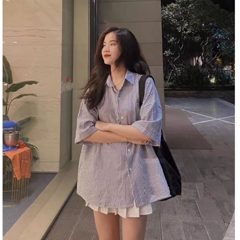 Áo somi kẻ xốp phong cách hàn quốc