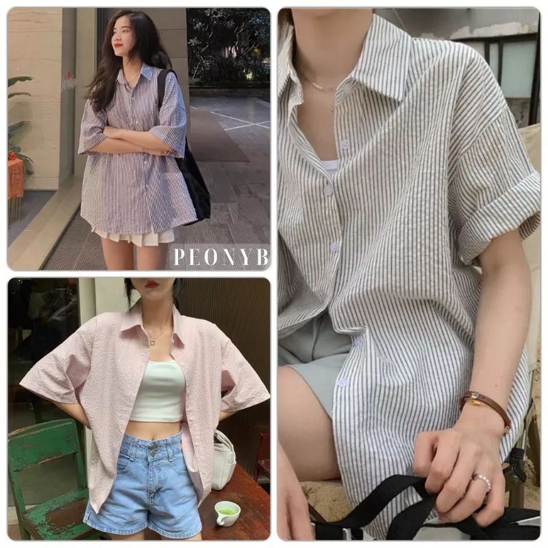 Áo somi kẻ xốp phong cách hàn quốc