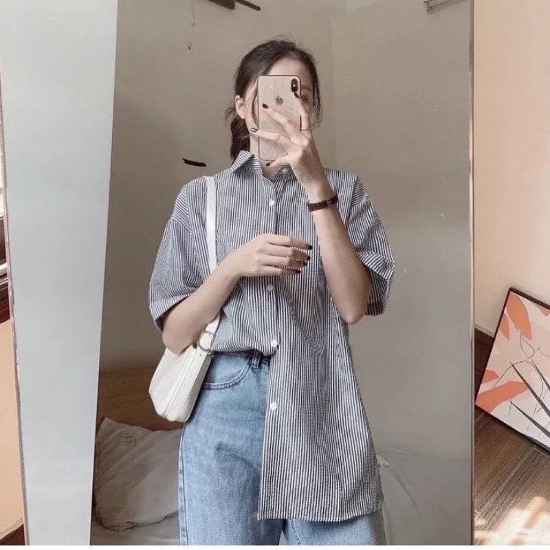 Áo somi kẻ xốp phong cách hàn quốc