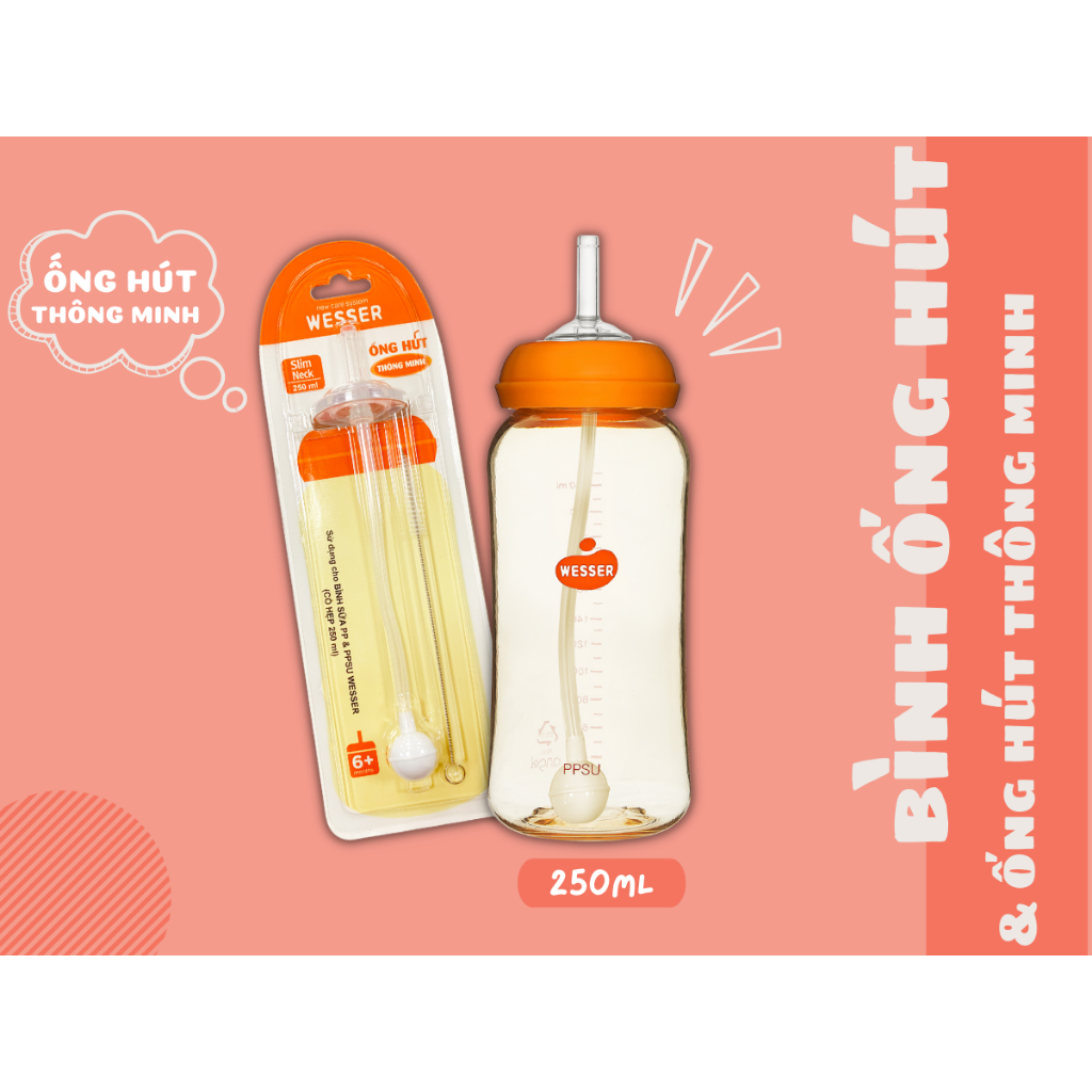 Bộ chuyển đổi ống hút tự động Wesser nhựa PPSU an toàn cho bé cho bình cổ hẹp 250ml