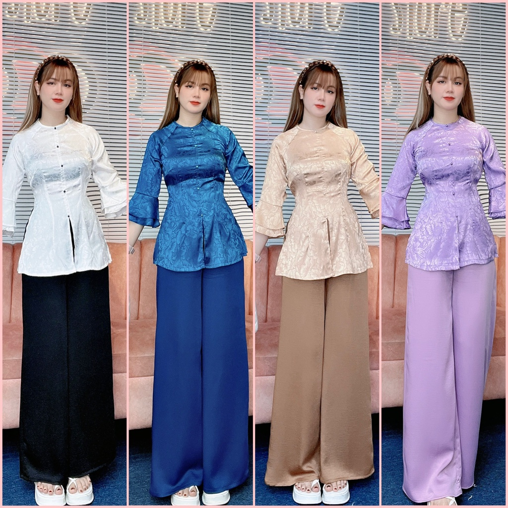 Đồ lam đi chùa nữ cổ tròn phối tay xòe vải gấm nổi mềm mịn mát nhiều màu size 45-60kg - Bộ bà ba đi lễ cách tân