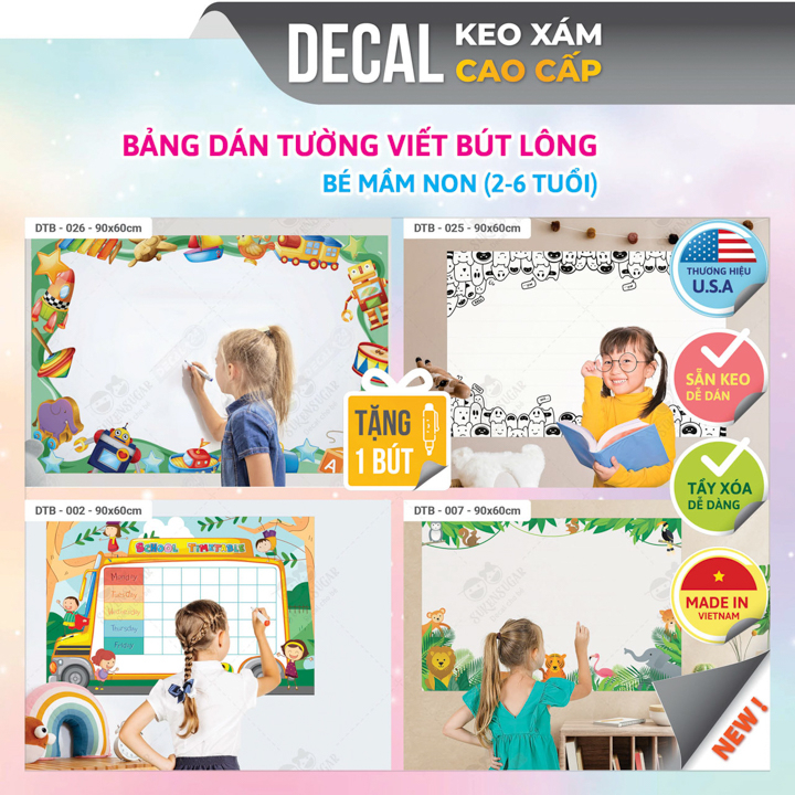 Decal bảng bút lông treo tường, Bảng viết bút lông Keo Xám Cao Cấp, An toàn cho bé, Nhiều mẫu mã, khổ 90x60cm, DTB-A03