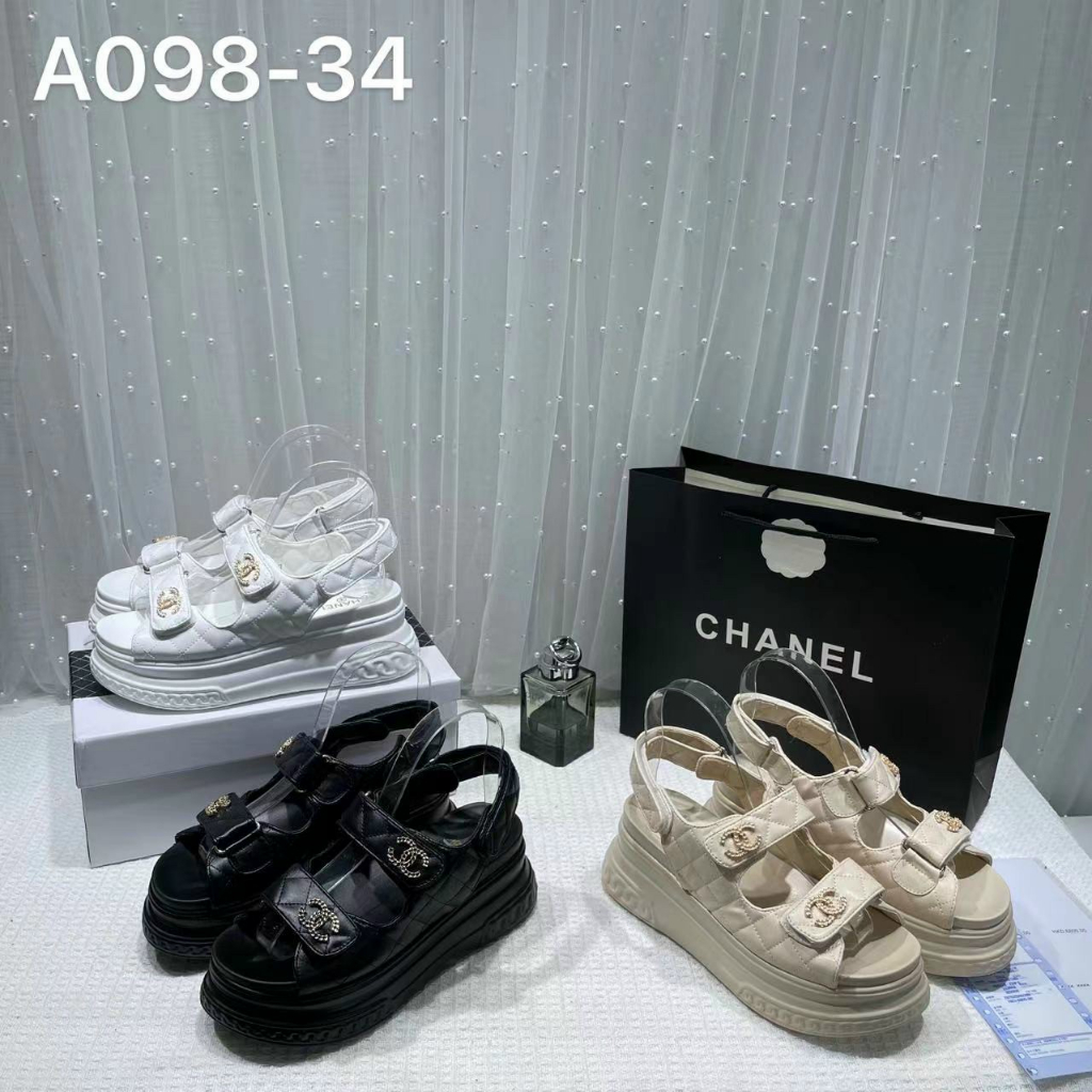 Sandal nữ quai dán trần chỉ logo CC xích đế cao Nguyên hộp hãng cao cấp