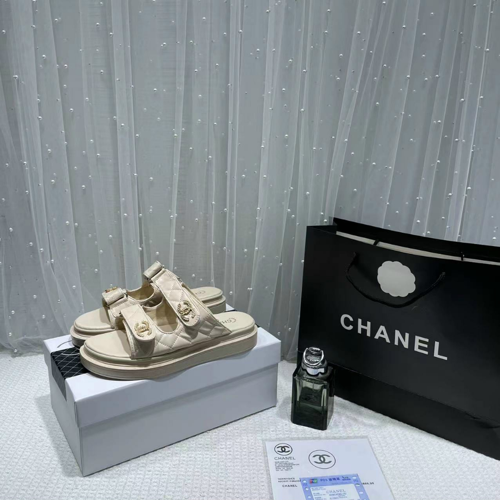 Dép nữ quai dán trần chỉ logo CC xích đế thấp Nguyên hộp hãng cao cấp