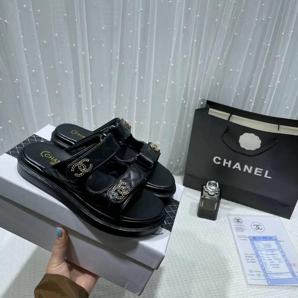 Dép nữ quai dán trần chỉ logo CC xích đế thấp Nguyên hộp hãng cao cấp