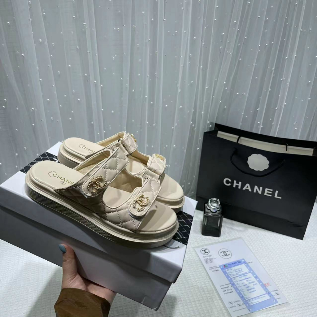 Dép nữ quai dán trần chỉ logo CC xích đế thấp Nguyên hộp hãng cao cấp