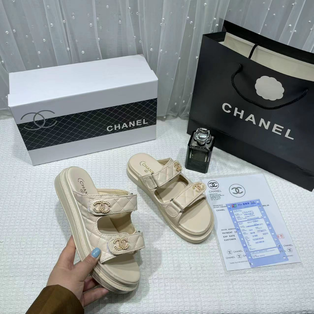 Dép nữ quai dán trần chỉ logo CC xích đế thấp Nguyên hộp hãng cao cấp