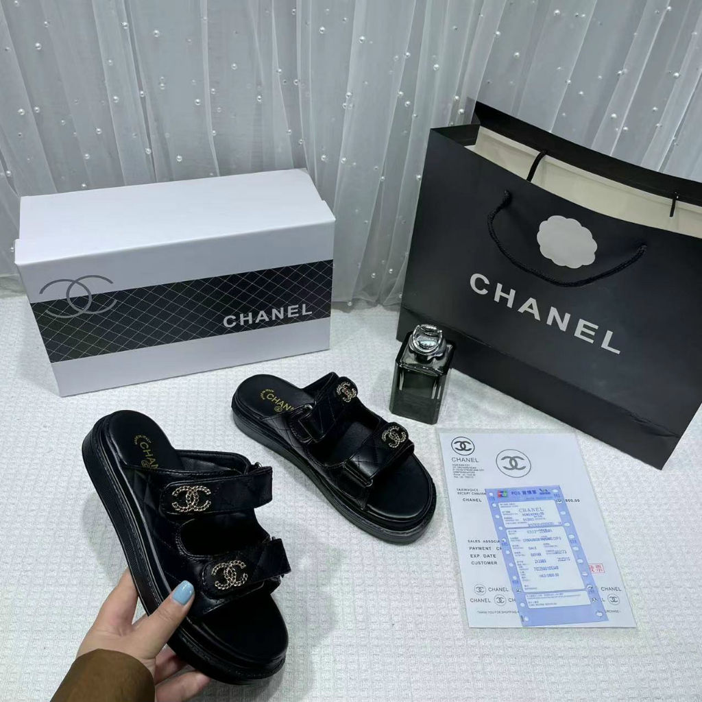 Dép nữ quai dán trần chỉ logo CC xích đế thấp Nguyên hộp hãng cao cấp