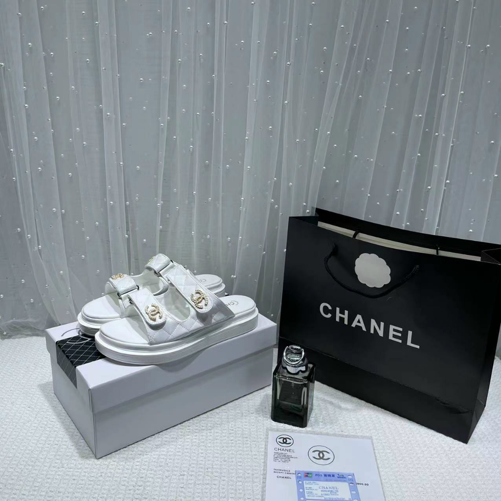 Dép nữ quai dán trần chỉ logo CC xích đế thấp Nguyên hộp hãng cao cấp
