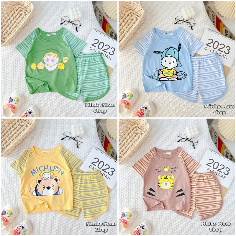 Bộ cộc tay thun lạnh quần kẻ hình dễ thương cho bé trai bé gái