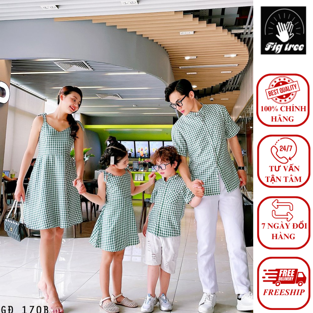 Set Sơ Mi Váy Gia Đình FIGTREE Caro Xanh Mã 170B Xinh Tươi Cho Cả Nhà
