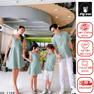 Set Sơ Mi Váy Gia Đình Fig Tree Caro Xanh Mã 170B Xinh Tươi Cho Cả Nhà