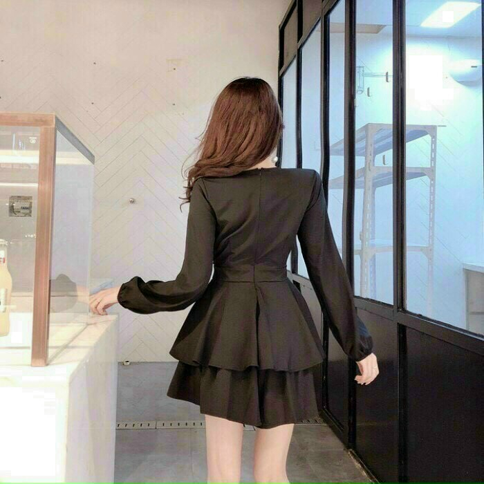 Đầm bèo cột nơ eo tay dài,váy nữ cổ chéo sang trọng thiết kế bèo tầng siêu xinh