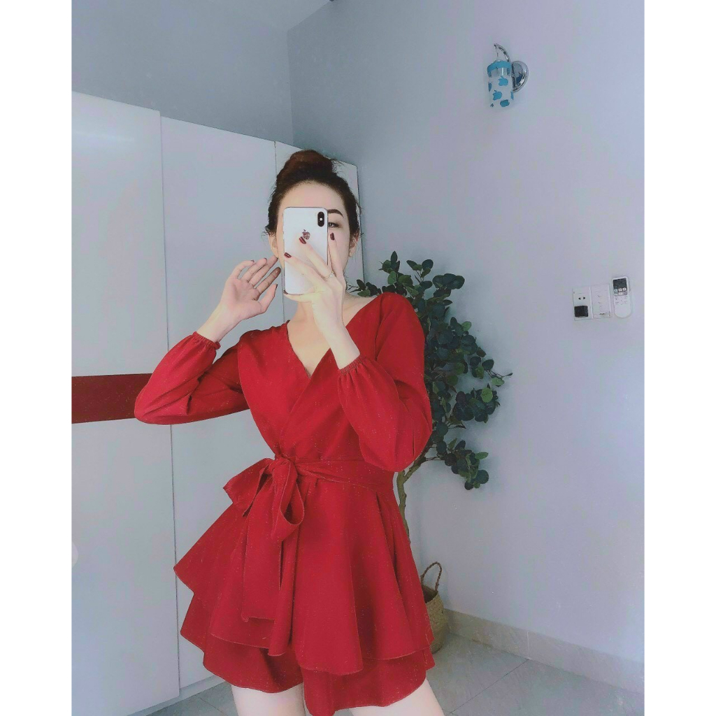 Đầm bèo cột nơ eo tay dài,váy nữ cổ chéo sang trọng thiết kế bèo tầng siêu xinh