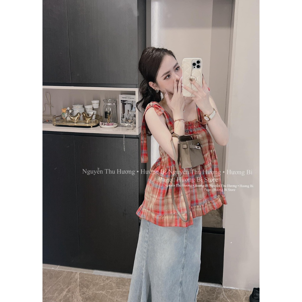 Áo 2 dây babydoll cột nơ sọc caro
