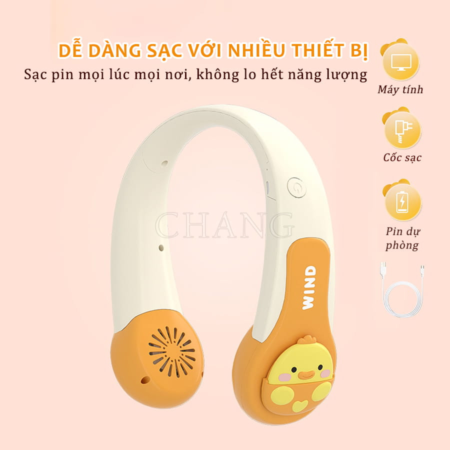 Quạt Đeo Cổ Không Cánh Hình Thú Wind 3D, Quạt Treo Cổ Cao Cấp Phong Cách Hoạt Hình Dễ Thương Sạc USB Dung Lượng Pin Cao