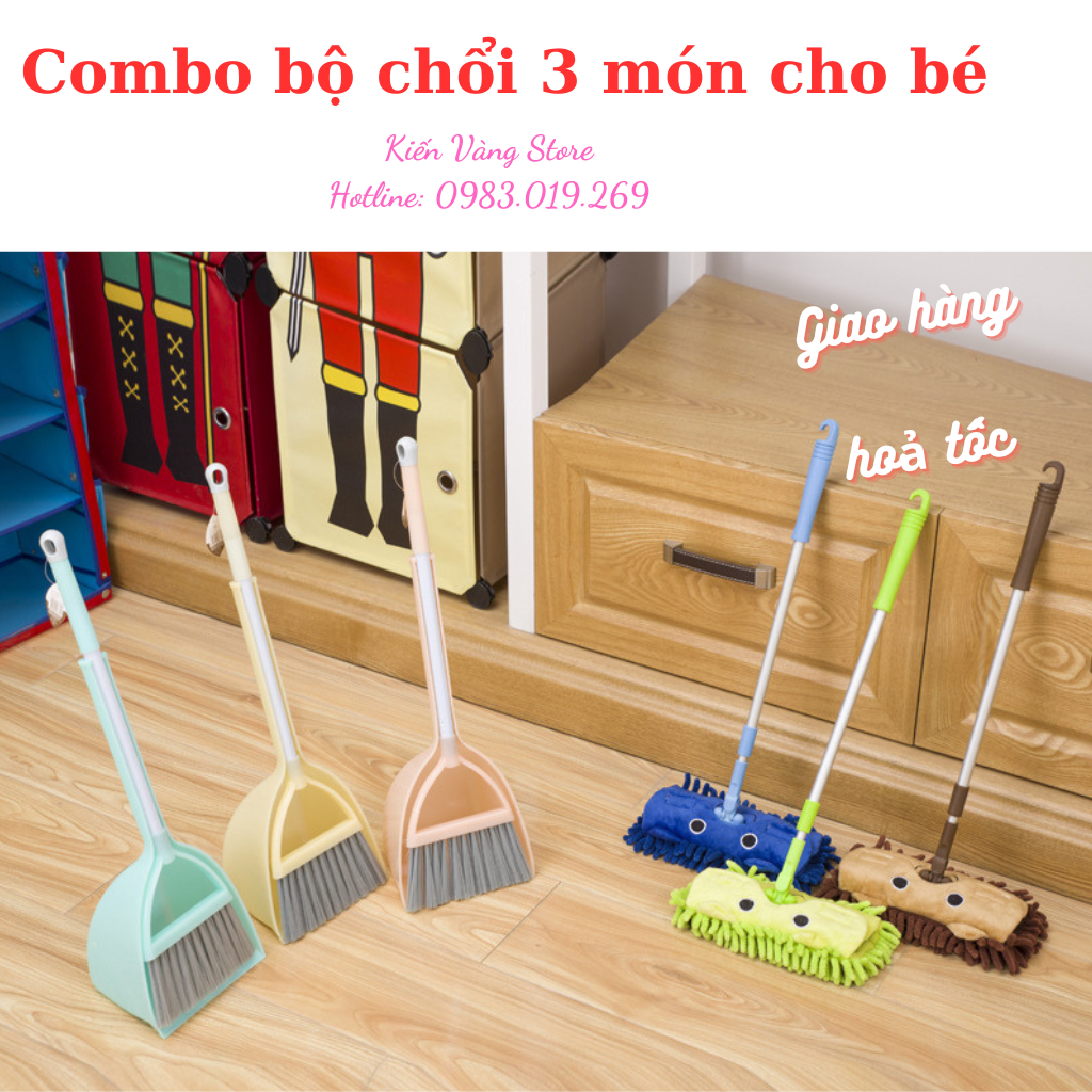 Bộ chổi hót rác cây lau nhà mini cho bé thực hành cuộc sống, tránh xa Tivi, Ipad, điện thoại (combo 3 món)