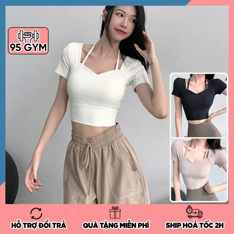 Áo tập gym yoga nữ 95Gym AC31 dáng croptop ngắn cộc tay có mút ngực chất thun cao cấp co giãn tốt.