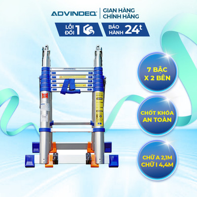 Thang nhôm rút chữ A  ADVINDEQ ADT707BN - 8 đế cao su chắc chắn -Có bánh xe kéo-Hợp kim nhôm cao cấp
