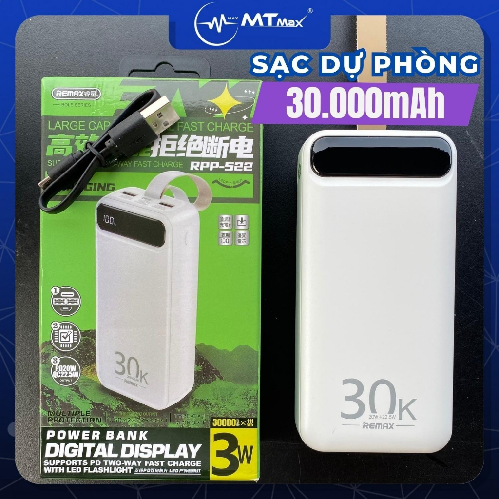 Pin dự phòng 30000mAh 20W, Đèn led siêu sáng. Thiết kế vừa tay, đơn giản nhưng không kém phần chắc chắn, đảm bảo sự tiện