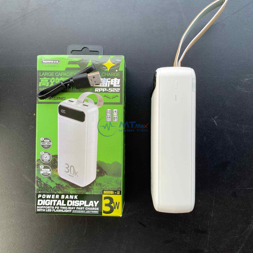 Pin dự phòng 30000mAh 20W, Đèn led siêu sáng. Thiết kế vừa tay, đơn giản nhưng không kém phần chắc chắn, đảm bảo sự tiện