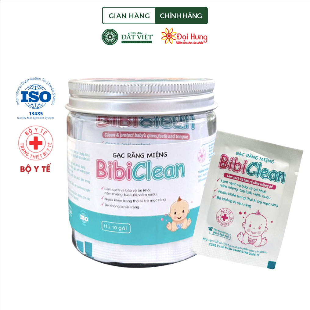 Gạc Rơ Lưỡi Tẩm Ẩm Bibi Clean, Làm Sạch Răng, Lưỡi, Nướu và Khoang Miệng Cho Bé - Hũ 10 gói