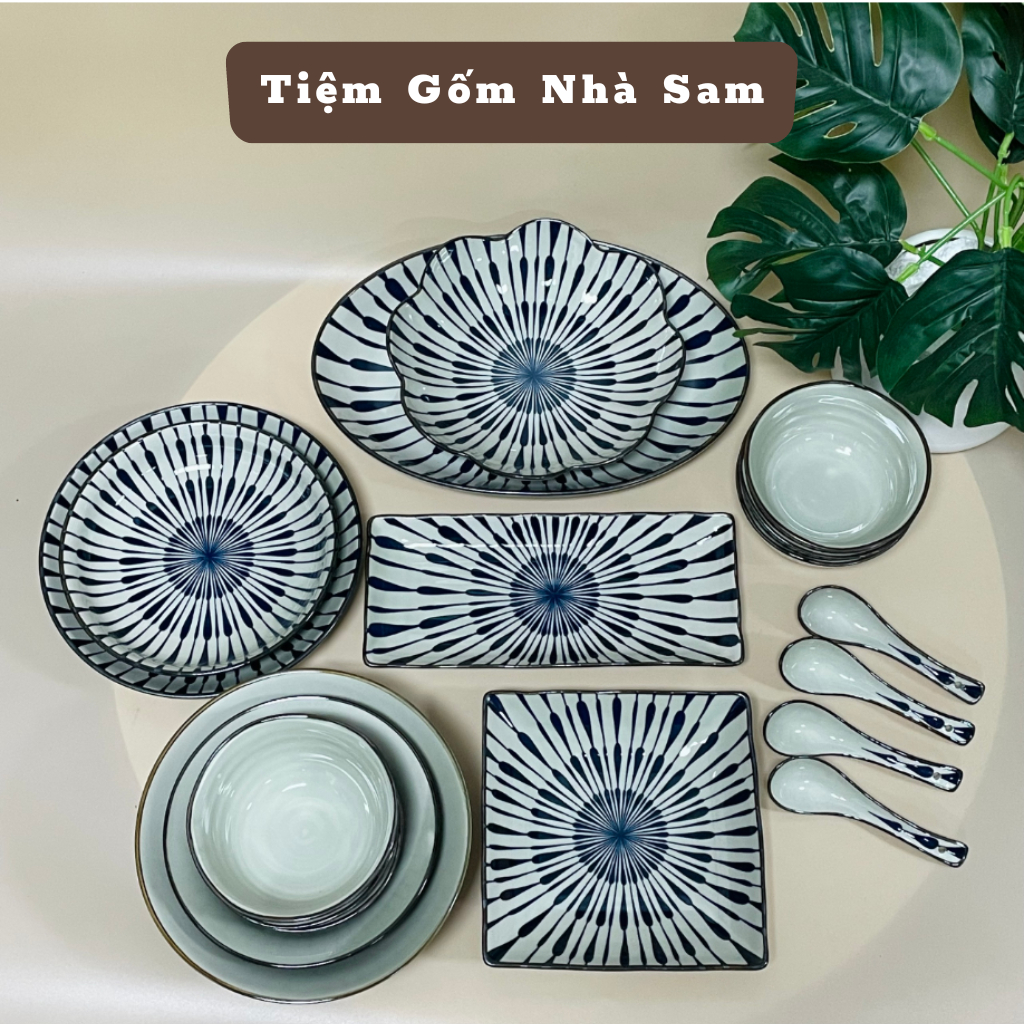 Bộ Bát Đĩa Cao Cấp Retro Họa Tiết Sọc Xanh Của Tiệm Gốm Nhà Sam, Bộ Chén Dĩa Phong Cách Nhật Bản Hiện Đại